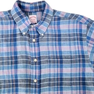 Brooks‎ Brothers Madison Irish Linen Shirt Large Short Sleeve Plaid Button Down